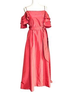 Vintage 80s ILGWU Coral Pink Cold Shoulder Ruffle Maxi Dress Bridesmaid Gown S/M